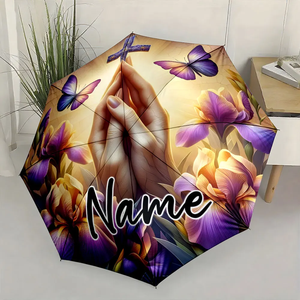 Custom Name Butterflies and Praying Hands-themed Decor Umbrella Print 8 Iron Ribs Folding Umbrella Auto-Open Fashion Sunshade