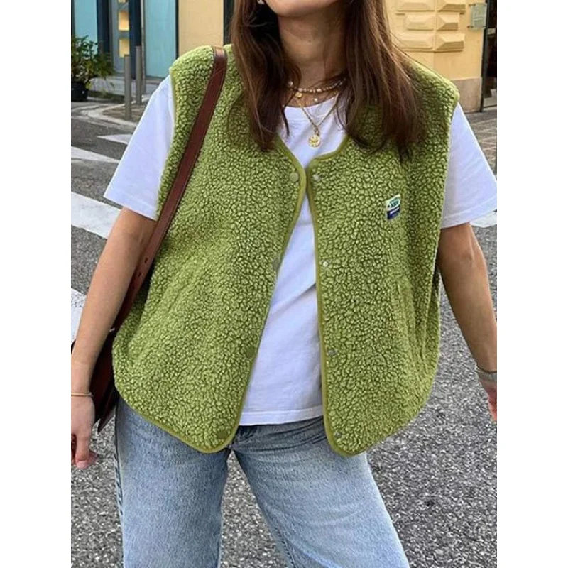 Sleeveless Plush Short Top2025New European and American Fashion Women's Loose Single-Breasted Vest
