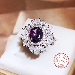 Classic Long Pillow Deep Purple Zircon Full Diamond Ring For Women 925 Silver Fashion Simulation Amethyst Open Ring Wedding Gift