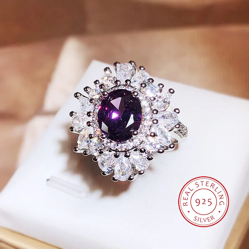 Classic Long Pillow Deep Purple Zircon Full Diamond Ring For Women 925 Silver Fashion Simulation Amethyst Open Ring Wedding Gift