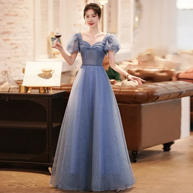 

Banquet Evening Dress 2024 Summer New Temperament Blue Fairy Gas Bubble Sleeve Art Test Host Annual Meeting Dress