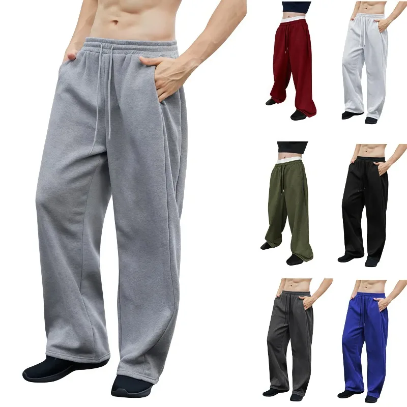 Pantalon de survêtement large pour homme, couleur unie, taille élastique avec cordon de serrage, coupe droite décontractée, style streetwear, plusieurs couleurs