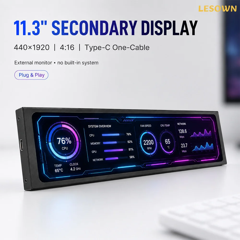 LESOWN 11.3 Inch Ultra-wide Mobile Screen 440x1920 Extended Monitor Instant Connection Slim Display for Laptop