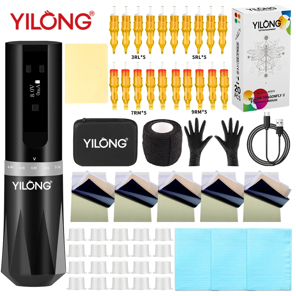 YILONG Tattoo Kit Wireless Tattoo Power Supply Professional Tattoo Pen Kit With Ink And 20 Mixed Needle