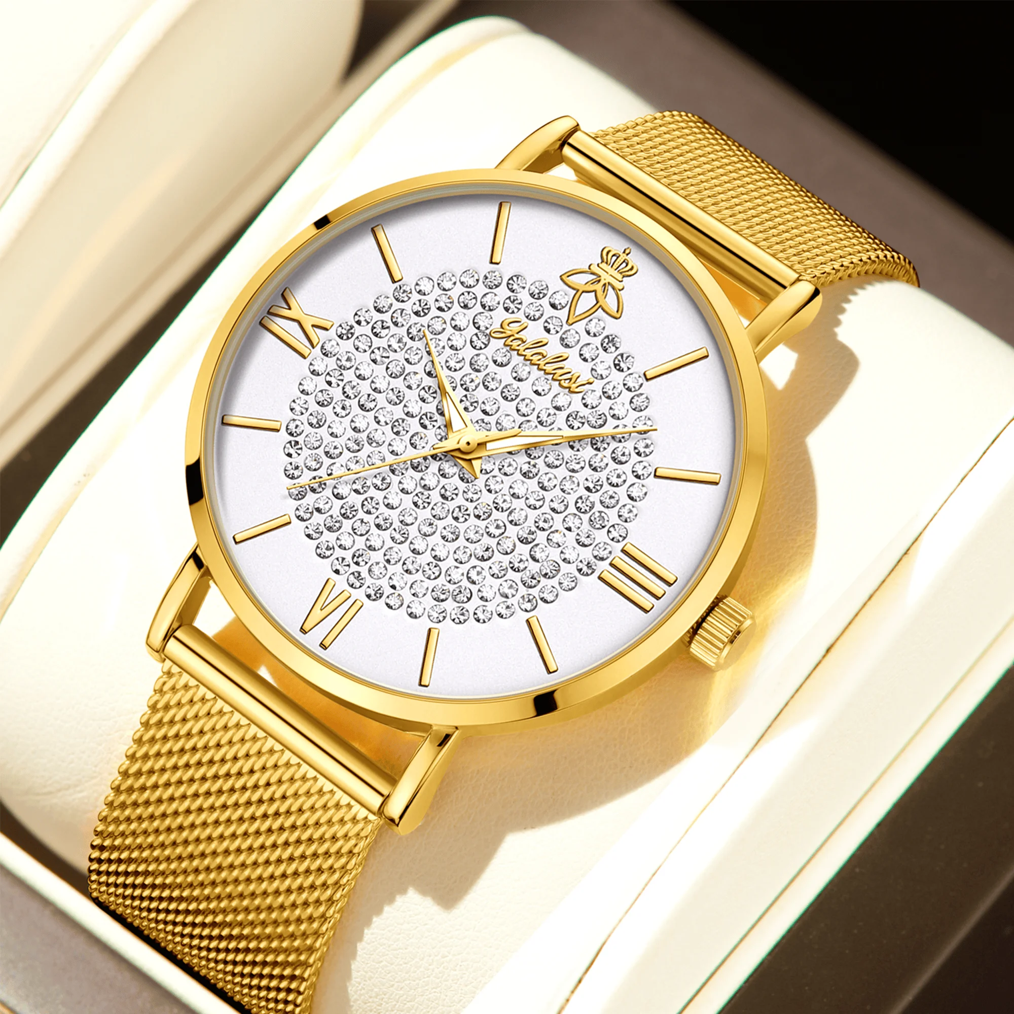 

Бренд Yalalusi 1, новые роскошные мужские кварцевые часы с позолоченными стразами, поставляются с подарочной коробкой и тканью