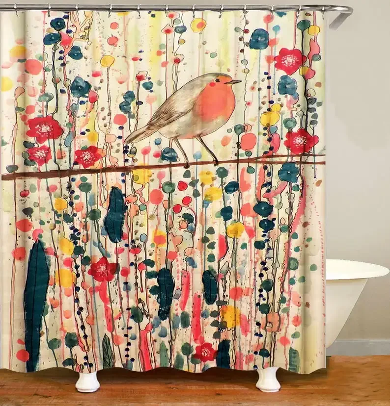 Birds Flowers Tree Colorful Waterproof Shower Curtain Home Bathroom Decor