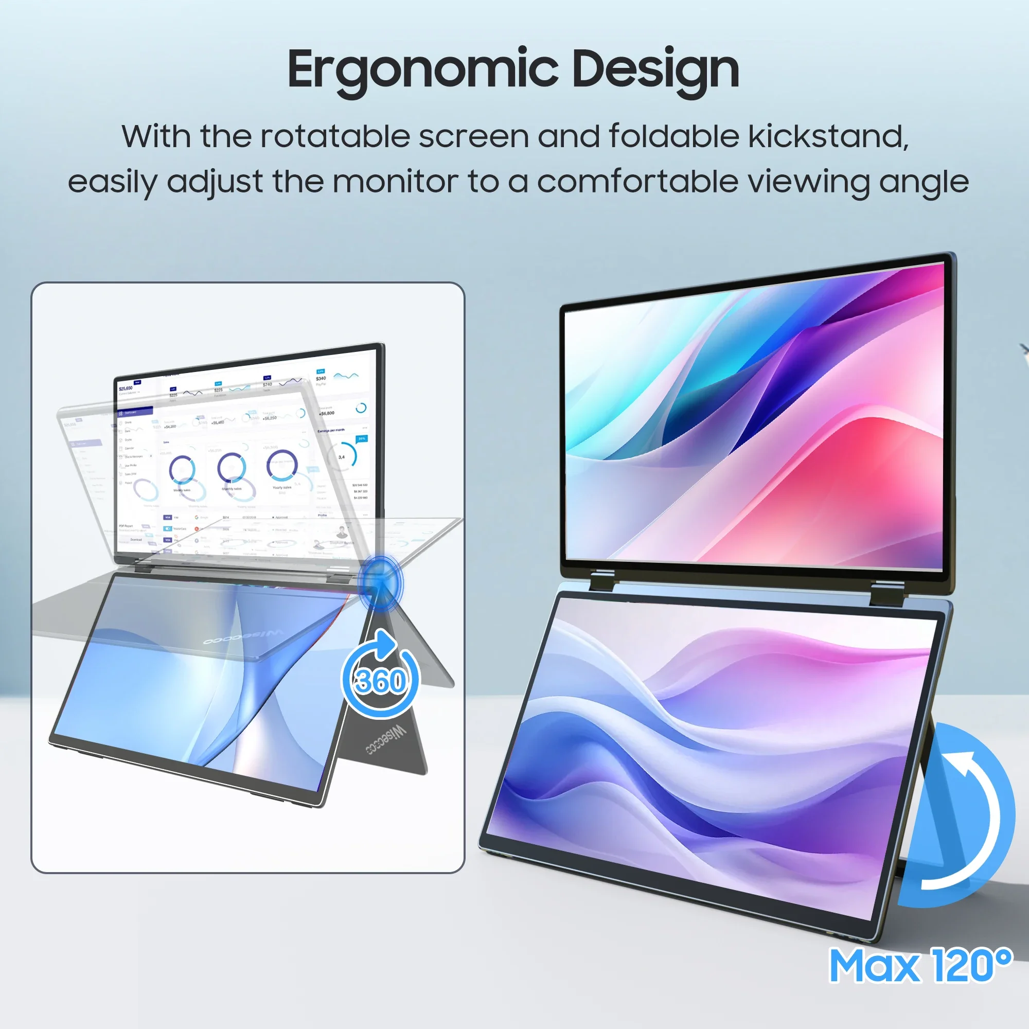 13.3'' Dual Touch Screen Portable Monitor Laptop Extender IPS 1080P 360° Foldable Stacked Display with Kickstand HDMI/USB-C