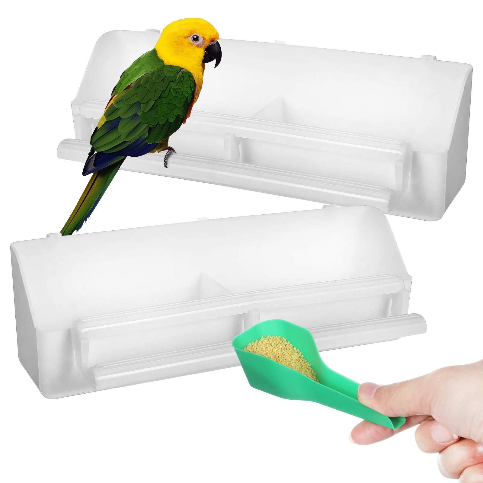 

2 White Cage Feeder Bowls 1 Dual Compartments Secure Attachment Sturdy Construction Pet Bird Accessories for Cages