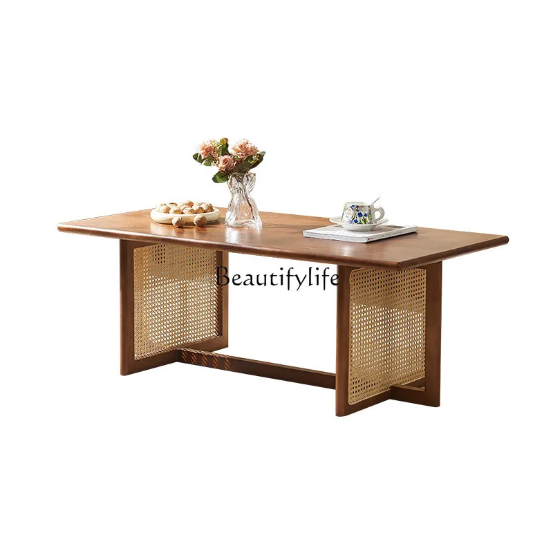 

Solid wood tea table rectangular household small coffee table living room rattan log homestay furniture retro