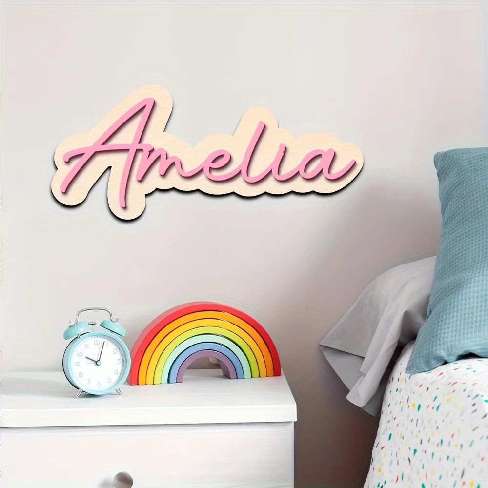 Customizable Double-Layered Wooden Name Plaque with Pink Lettering Battery-Free Wall Decor Personalized Gift for Birthday