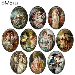 Retro Couple Oil Paintings Gentlemen and Ladies 13x18mm/18x25mm/30x40mm Oval photo glass cabochon demo flat back Making findings