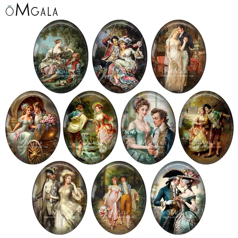 Retro Couple Oil Paintings Gentlemen and Ladies 13x18mm/18x25mm/30x40mm Oval photo glass cabochon demo flat back Making findings