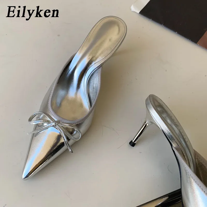 Eilyken 2024 Spring New Pointed Toe Women Slipper Fashion Butterfly-knot Shallow Slip On Ladies Mules Shoes Thin High Slides