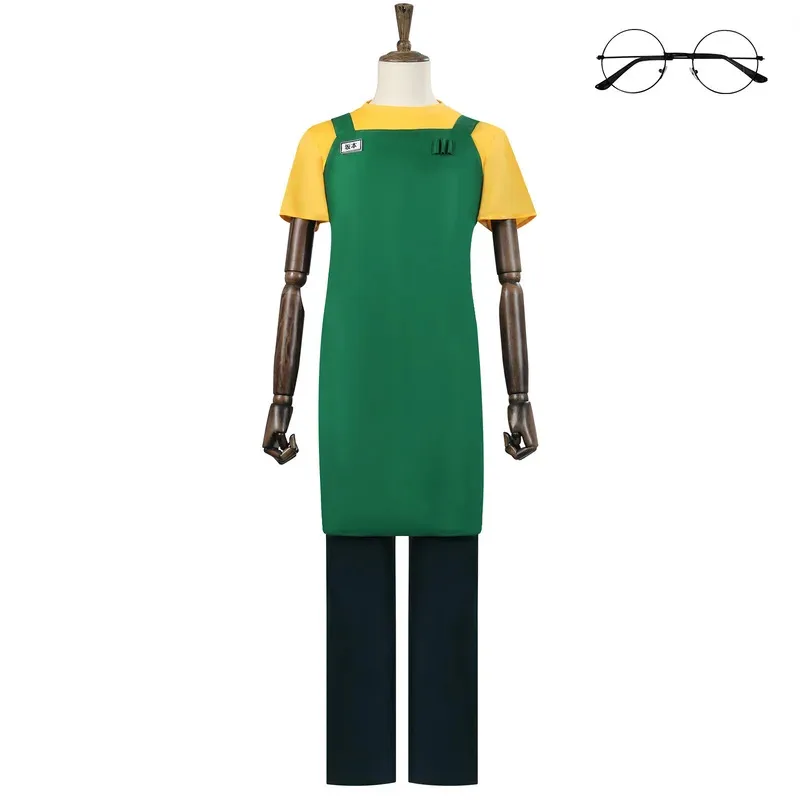 애니메이션 피규어 사카모토 타로 코스프레 의상 유니폼 옐로우 탑 그린 앞치마 바지 안경 사카모토 타로 가발 할로윈 남성 의류