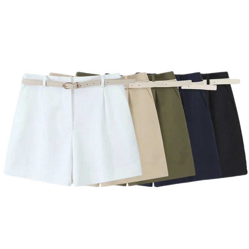 Lente 2024 Dames Faionable Bermuda met hoge taille, wijde pijpen, geplooid, veelzijdig, riem, woon-werkverkeer, normaal dun