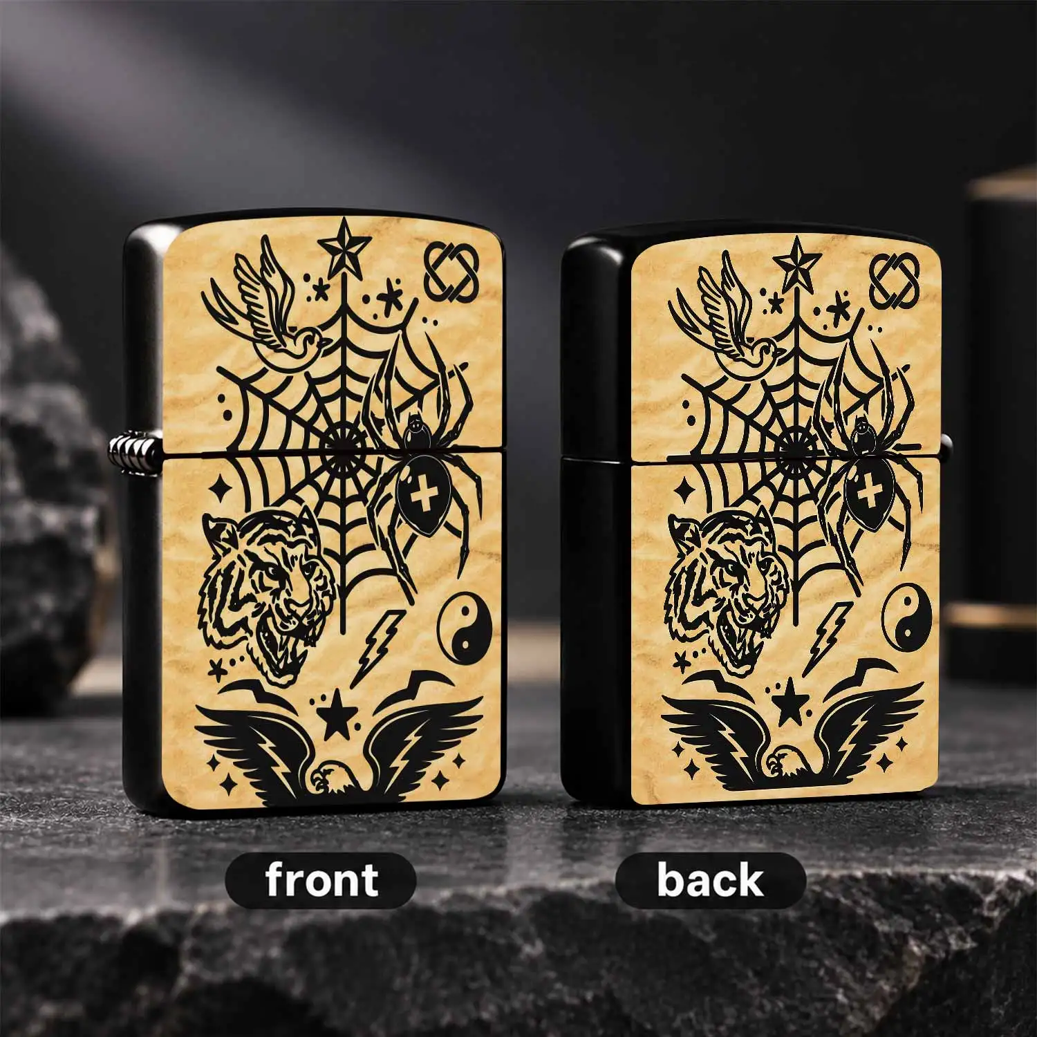 Vintage Tattoo Style Lighter with Retro Web, Fierce Tiger, Flying Bird, Spider, Pattern, Cool Aesthetic PORTABLE Ignition TOOL for Camping, Home Daily Use, Unique Creative Gift for Friends and Trend Lovers for All Scen A Humorous And Intere