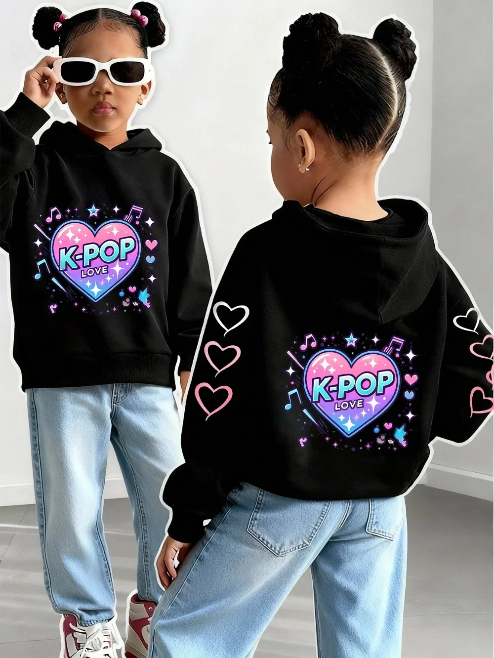 New autumn/winter girls' hooded sweatshirt with heart prints on the front and back, Korean style, casual Christmas gift.