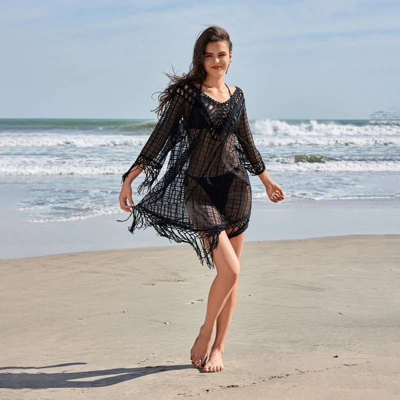 Para Praia-Robe de plage à manches longues, chemise ajourée, cover-up, sexy, vêtements de plage, été, 2025