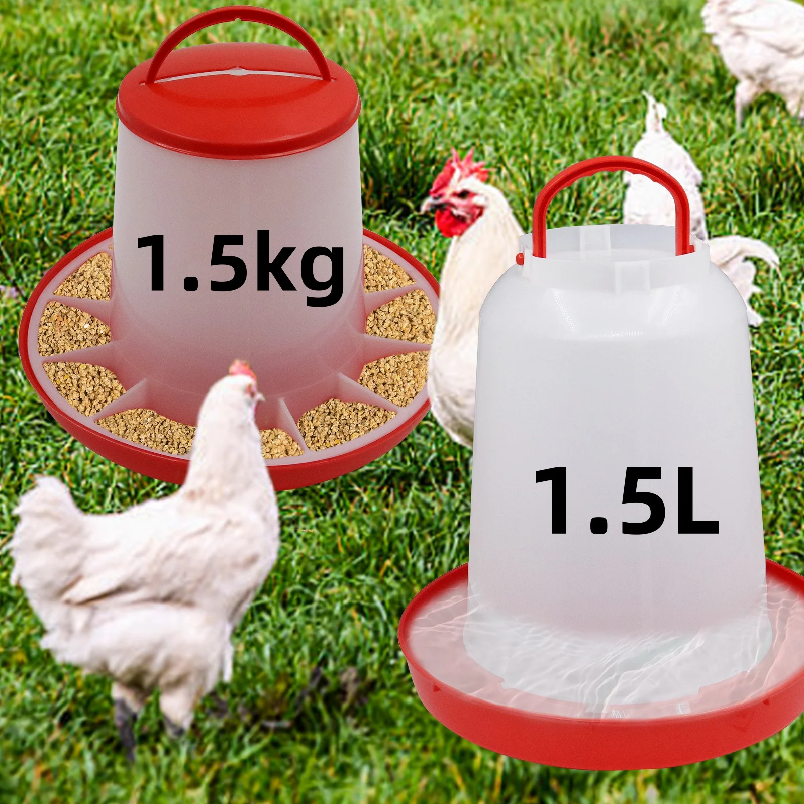 Alimentador y bebedero para aves de corral, dispensador automático de agua y alimentos, bebedero para pollos y pájaros, cubo de alimentación, suministro de contenedores, 1,5 kg, 1,5l