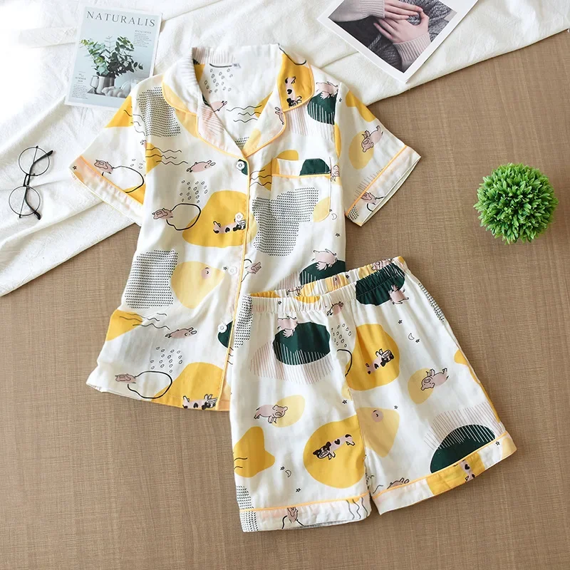 New ladies 100% cotton short-sleeved ladies pajamas suit shorts cute cartoon printing Japanese style simple pajamas home service