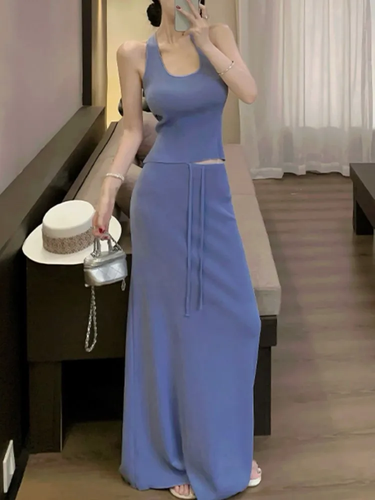 

New Korean Style Casual Knit Two Pieces Sets Sleeveless Halther Vest Top A line Lace Up Long Skirt Fashion Suit Set Basic Outfit