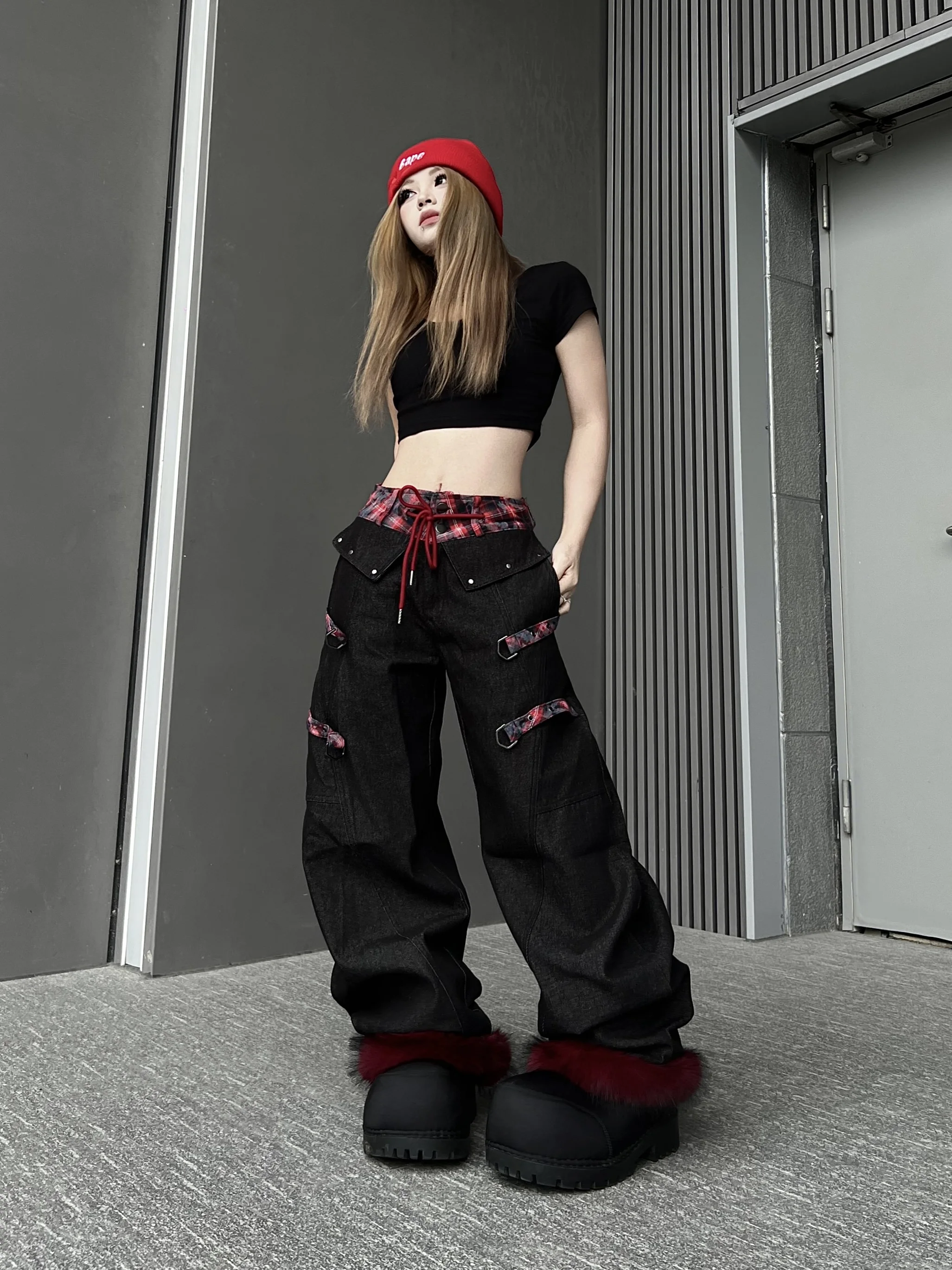 

Мужские джинсы TR BRUSHSHIFT: съемные широкие джинсы в американском стиле с клетчатым узором и дизайном с эффектом сгиба ткани