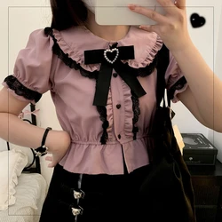 Women Shirts Lolita Peter Pan Collar Lace Ruffles Patchwork Blouses Short Puff Sleeves Summer All Match Fashion Sweet Bow Tops