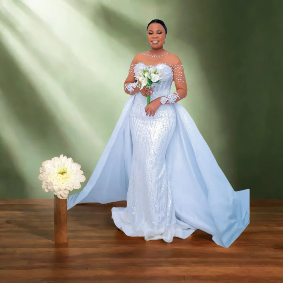 Customized Sheer Neck  Shinny Beads Pearls  Wedding Dress Vestidos De Novia Arabic Luxury Bridal Dress with Removable Skirt