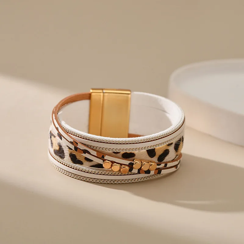 Fashion Leopard Pu Leather gilded Beads Handmade Luxury Charin Cross Magnetic Clasp Bracelets Women