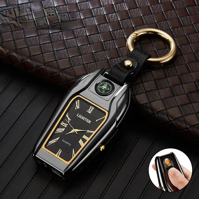 New Compass Keychain Arc Lighter Watch Multi functional USB Charging Cigarette Lighter Personalized Men\'s Birthday Gift