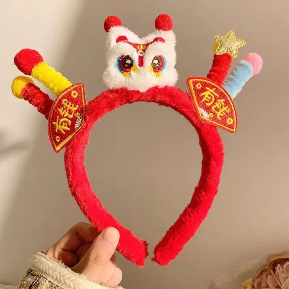 

Cute Lion New Year Hair Hoop Tassel Embroidered Bow Red Headband Tang Suit Beads Ancient Style Hairband