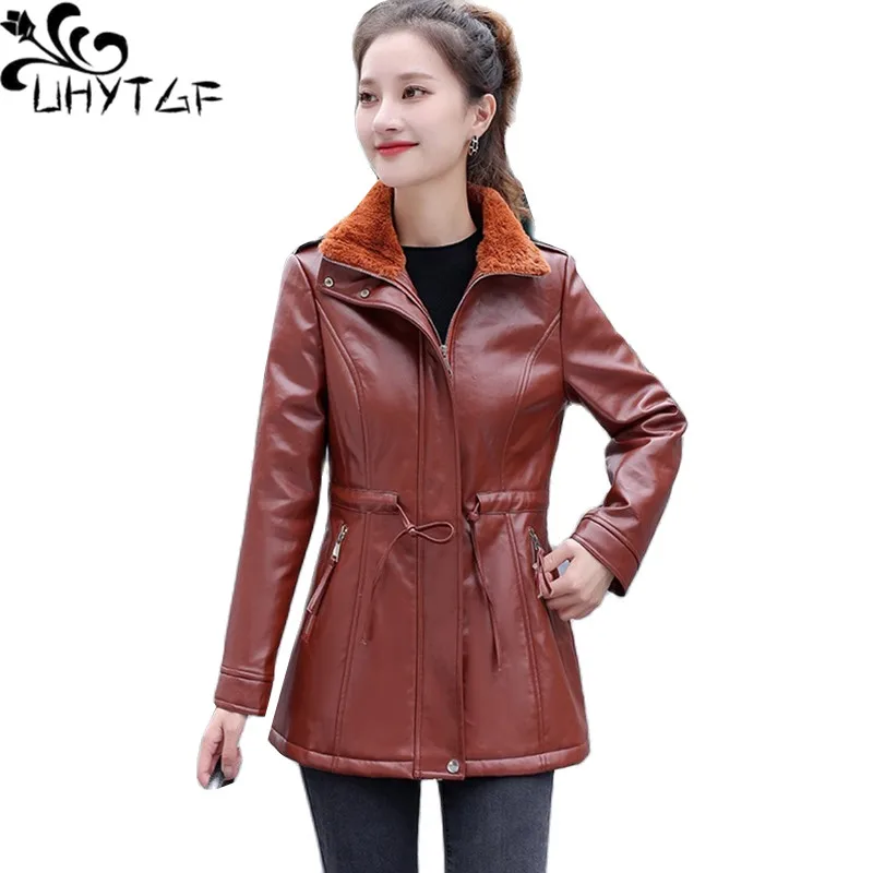 UHYTGF Quality PU Leather Jacket Women Mid Length Lamb Wool Casual Coat Female Slim Autumn Winter Leather Outerwear Ladies 2330