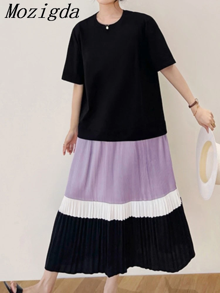 

Oversize Summer Dress Korean Edition Loose Round Neck Color Block Sleeveless Dress Folded Hem Dress Women Ladies Dresses