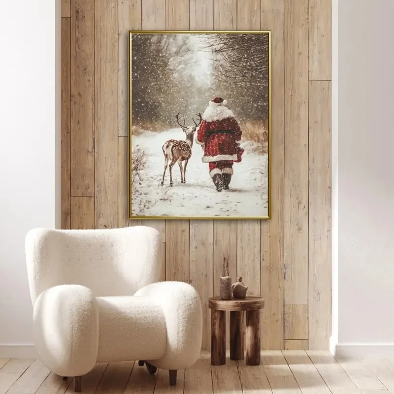 Santa Claus Reindeer Wall Art Print, Forest Snowfall in Winter Prints Christmas Home Decor, Holiday Home Improvement