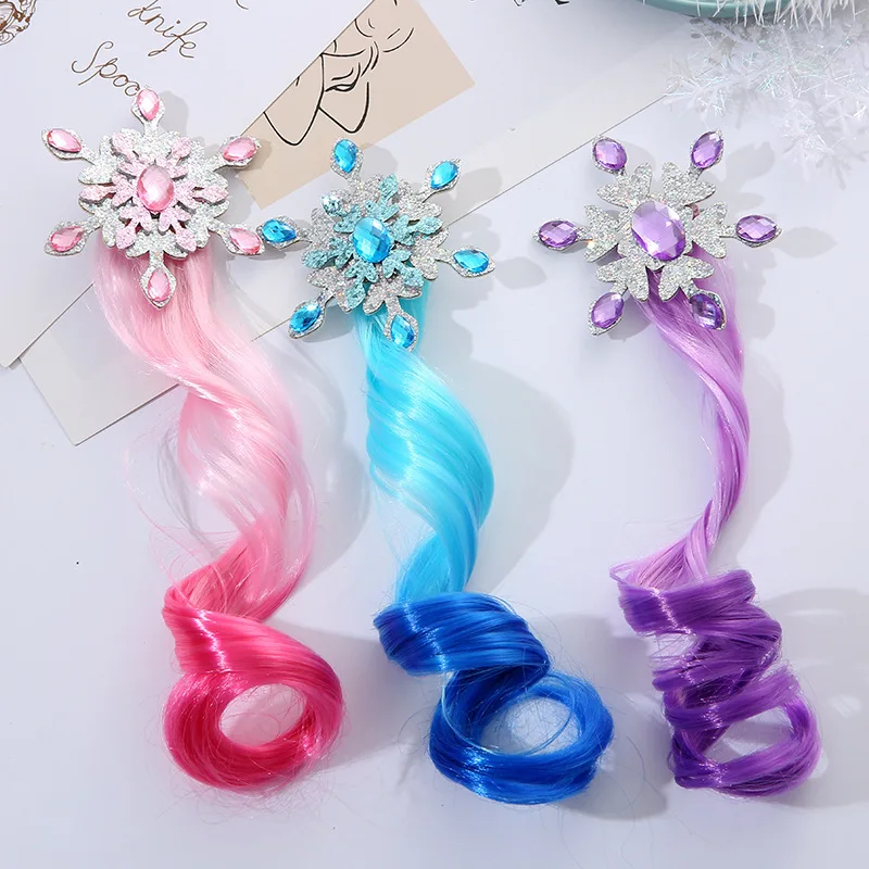 Kids Wig Braid Children Gradient Colorful Rhinestone Snowflake Hair Clips Headwear Girls Kids Hair Accessories