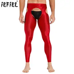 Mens Lingerie Skinny Pants Underwear Nightwear Stretchy Crotchless Leggings Hollow Out Glossy Elastic Waistband Underpants