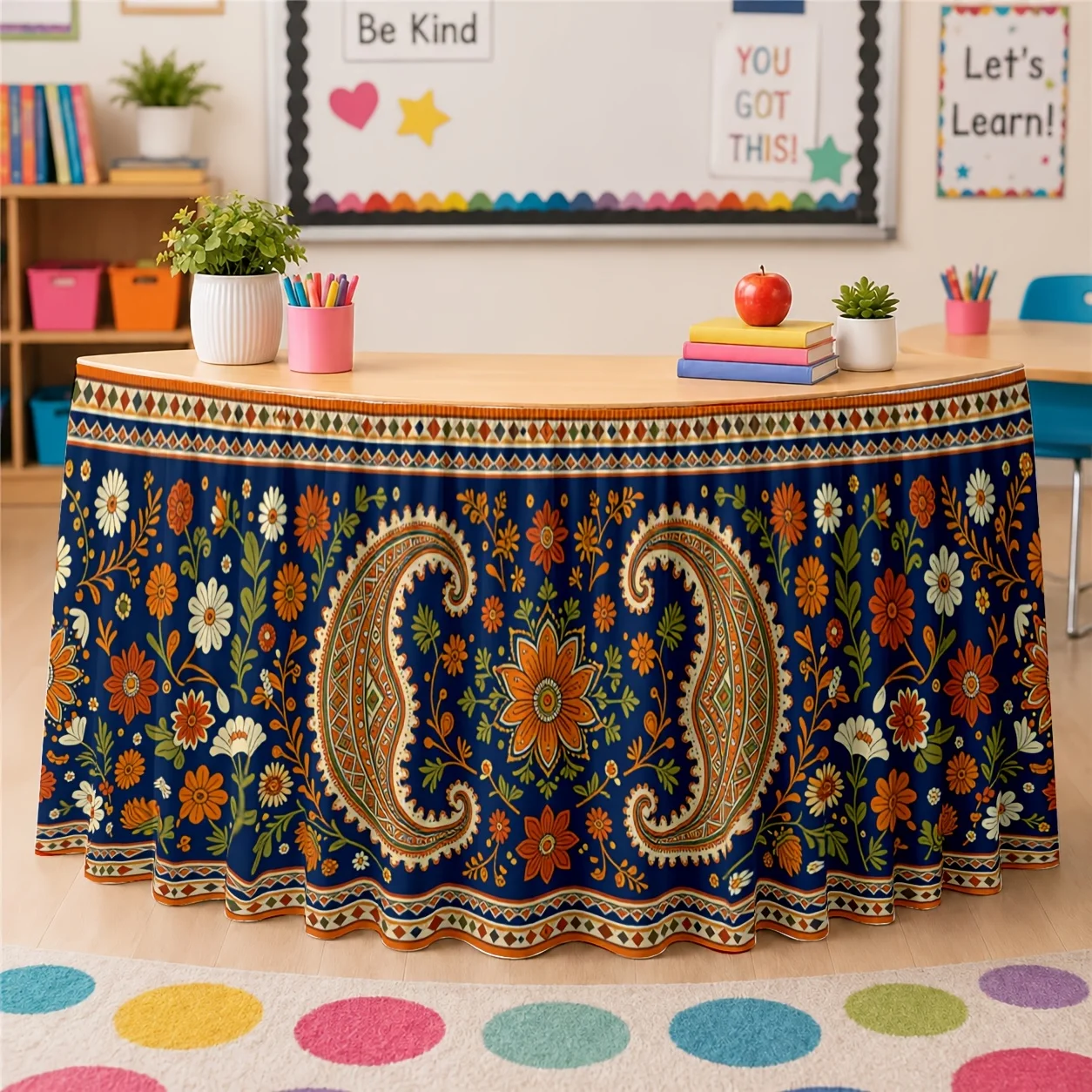 One tablecloth with floral paisley pattern table skirt. Bohemian retro decorative style. Colorful and exquisite tablecloth.