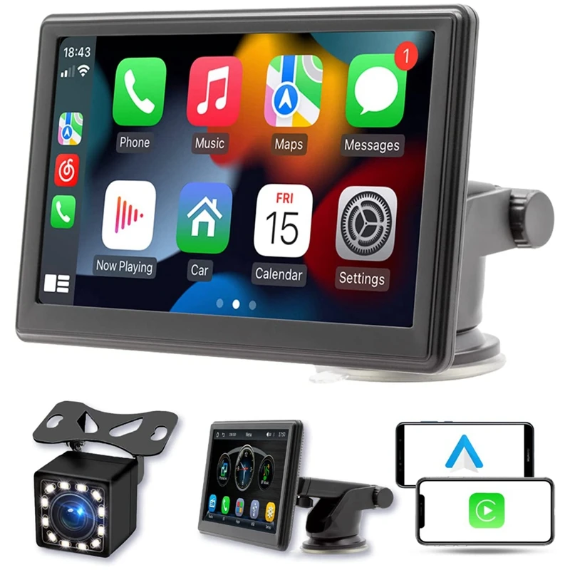 

Portable Wireless Carplay Screen Dash Mount, 7 Inch Touch Screen Car Stereo Bluetooth, FM Car Radio, Rear Camera,