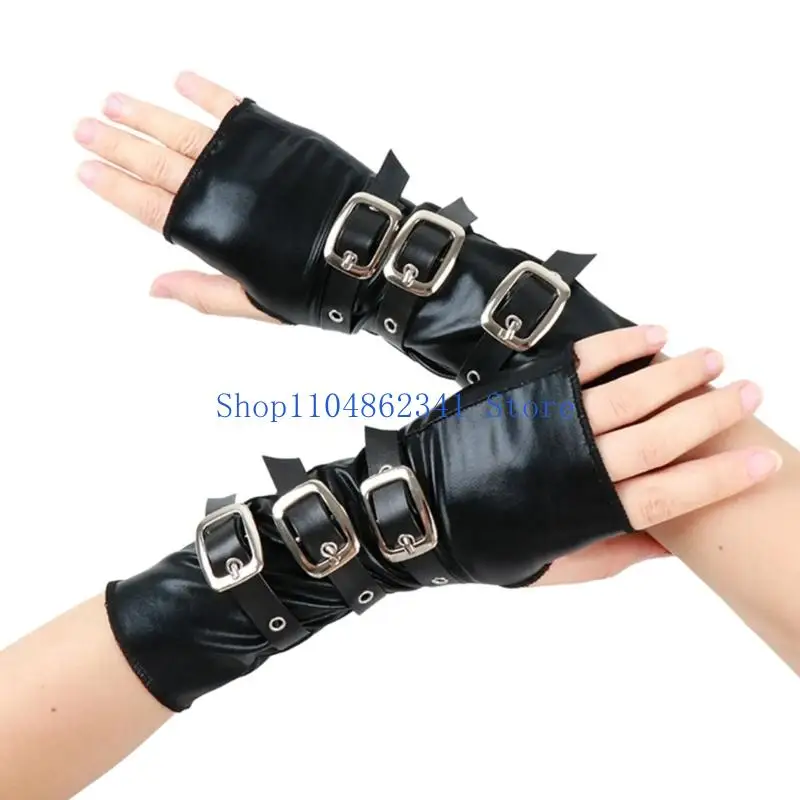 Punk Party Gloves with Metal Buckles Fingerless Arm Sleeves for Women Night Club