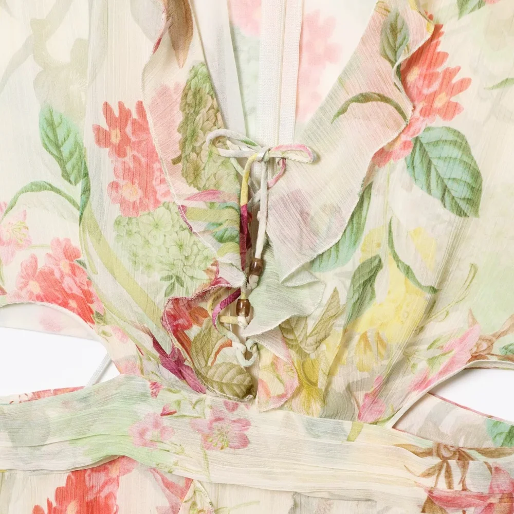 فستان مفتوح بتصميم مطبوع عليه زهور ورقبة على شكل حرف V بدون أكمام وسحاب خلفي من الدانتيل فستان صيفي جديد للسيدات على طراز العطلة