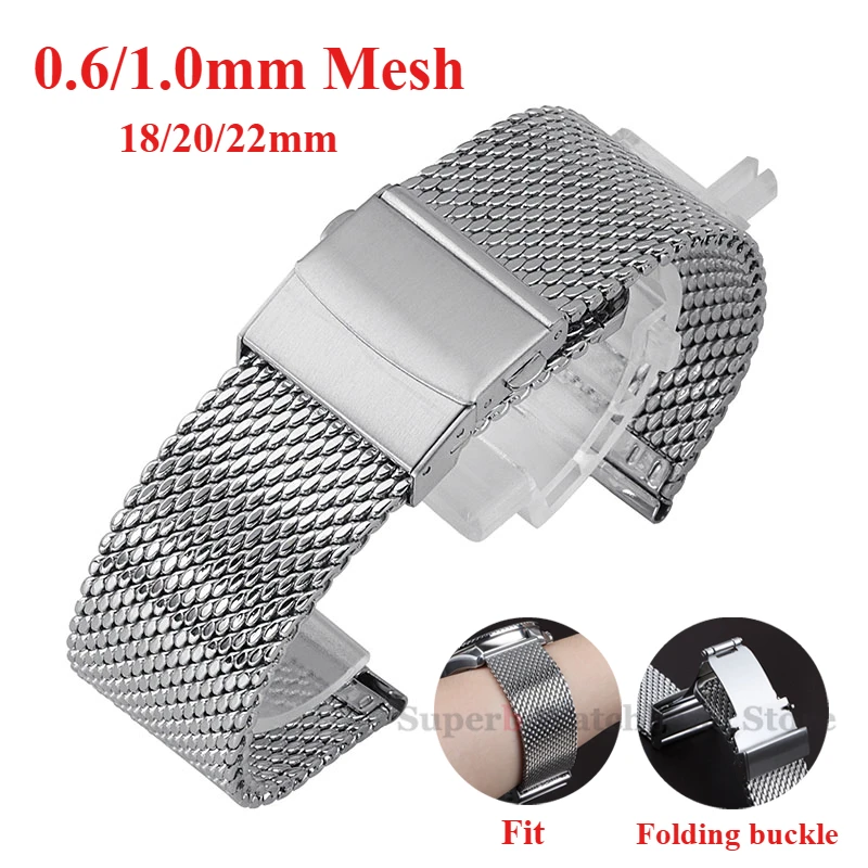 

High Quality Stainless Steel Watch Strap 18mm 20mm 22mm For Rolex for Omega for IWC 1.0mm 0.6mm Milanese Woven Watch Band
