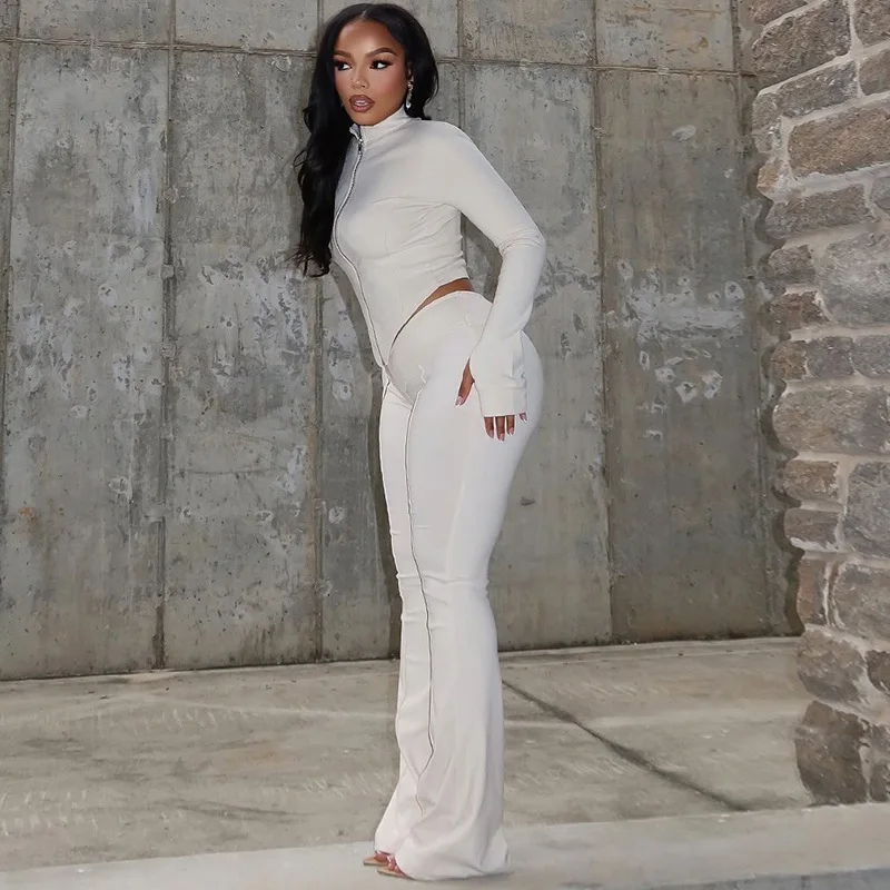 Women's Long Sleeve Stand Collar Zipper Cardigan Crop Tops & Long Flare Pants, Solid Color, 2pcs Set