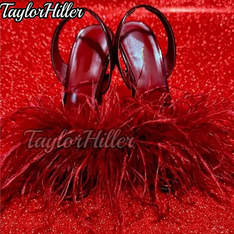 

Red Slingbacks Furry Fluff Heeled Sandals Luxury Pull On Patent Leather Stiletto Heels Women Sexy Summer Open Toe Dress Shoes
