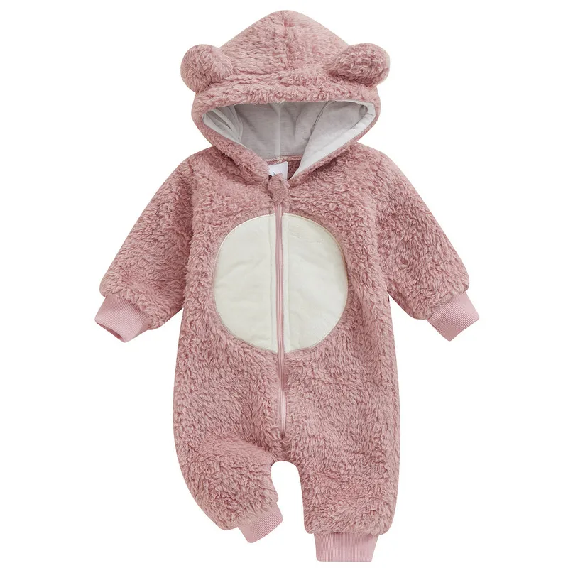 

RUEWEY 0 to 18 Months Baby Girls Plush Bear Romper Contrast Color Zipper Long Sleeve Jumpsuits for Newborn Baby Clothing