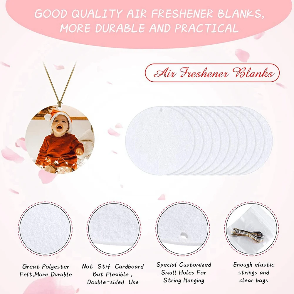 100 Pieces Sublimation Air Freshener Blanks DIY Air Freshener Scented Blank Car Pressed Felt for DIY Heat Press-Round