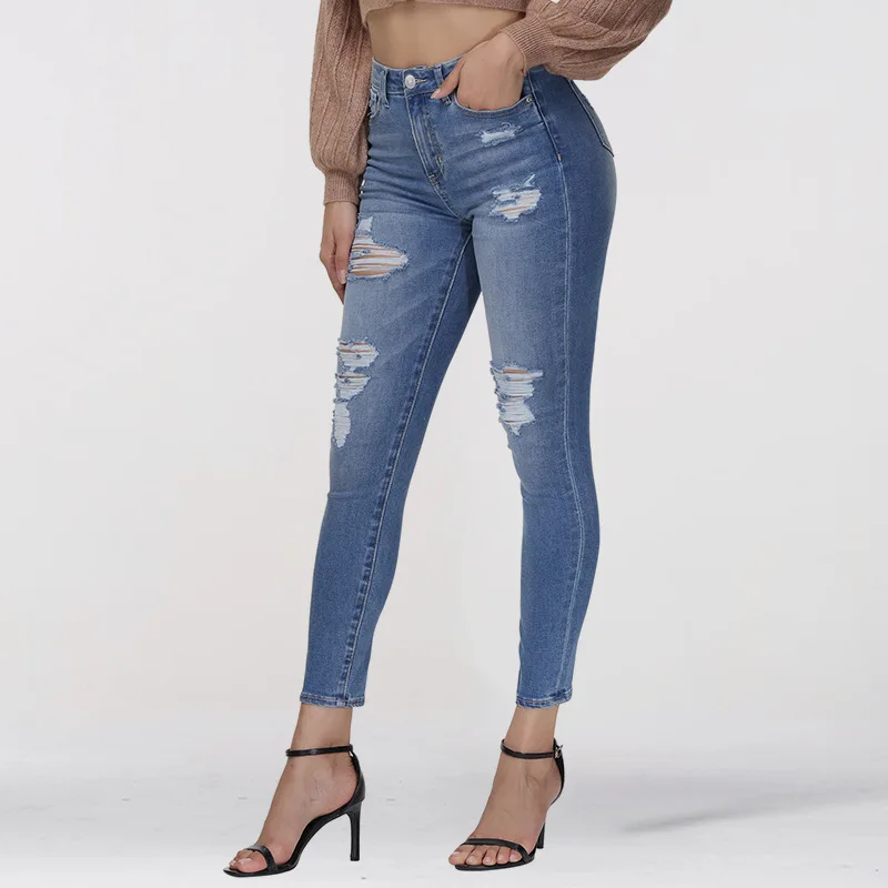 Women Jeans Denim Sheath Ankle Length High Waist Pencil Pants Holes Washing Sexy Pockets Solid Regular Casual Zipper Fly