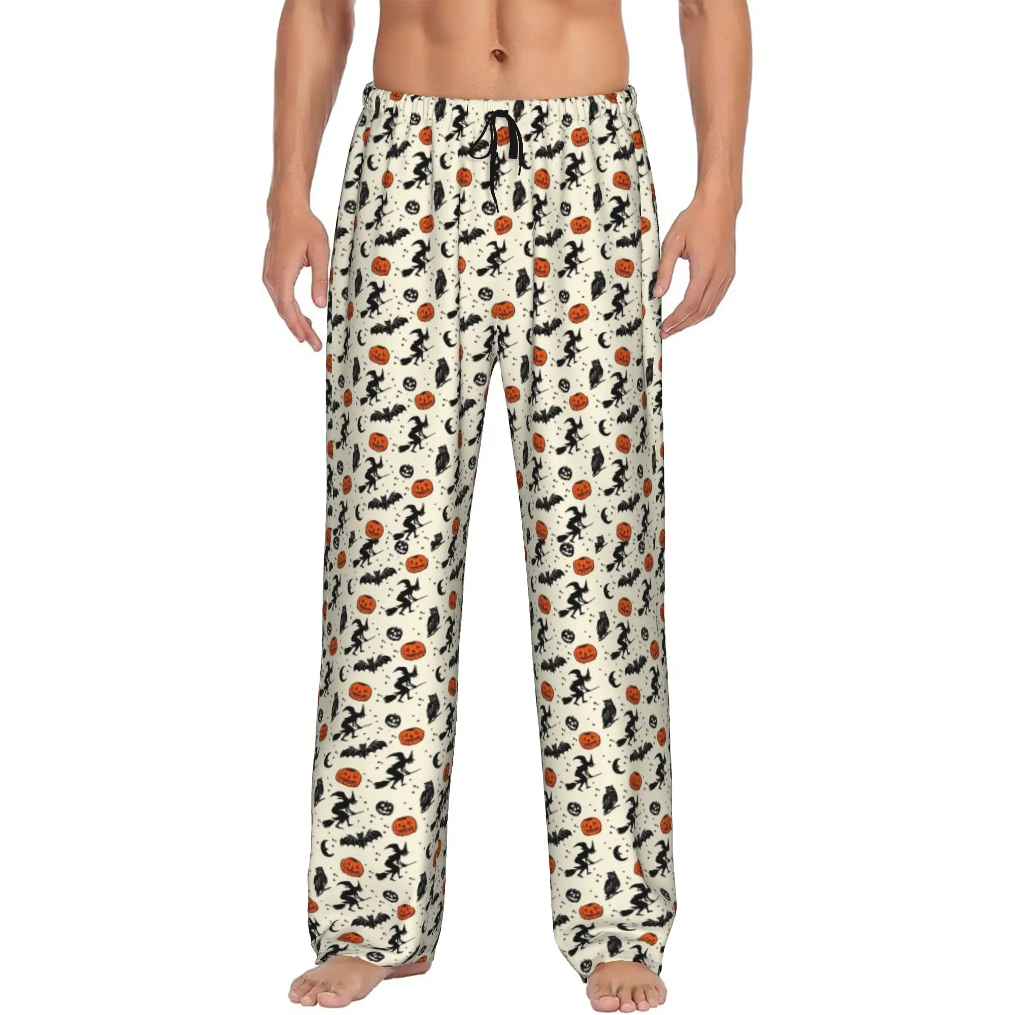 Custom Halloween Pumpkin Ghost Witch Pajama Pants Sleepwear Men's Elastic Waistband  Sleep Lounge Bottoms with Pockets