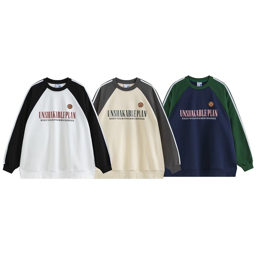 Retro College Hip Hop Crewneck Top Color Block Raglan Sleeve Heavyweight Loose Men Women Letter Graphic Sweat Pullover