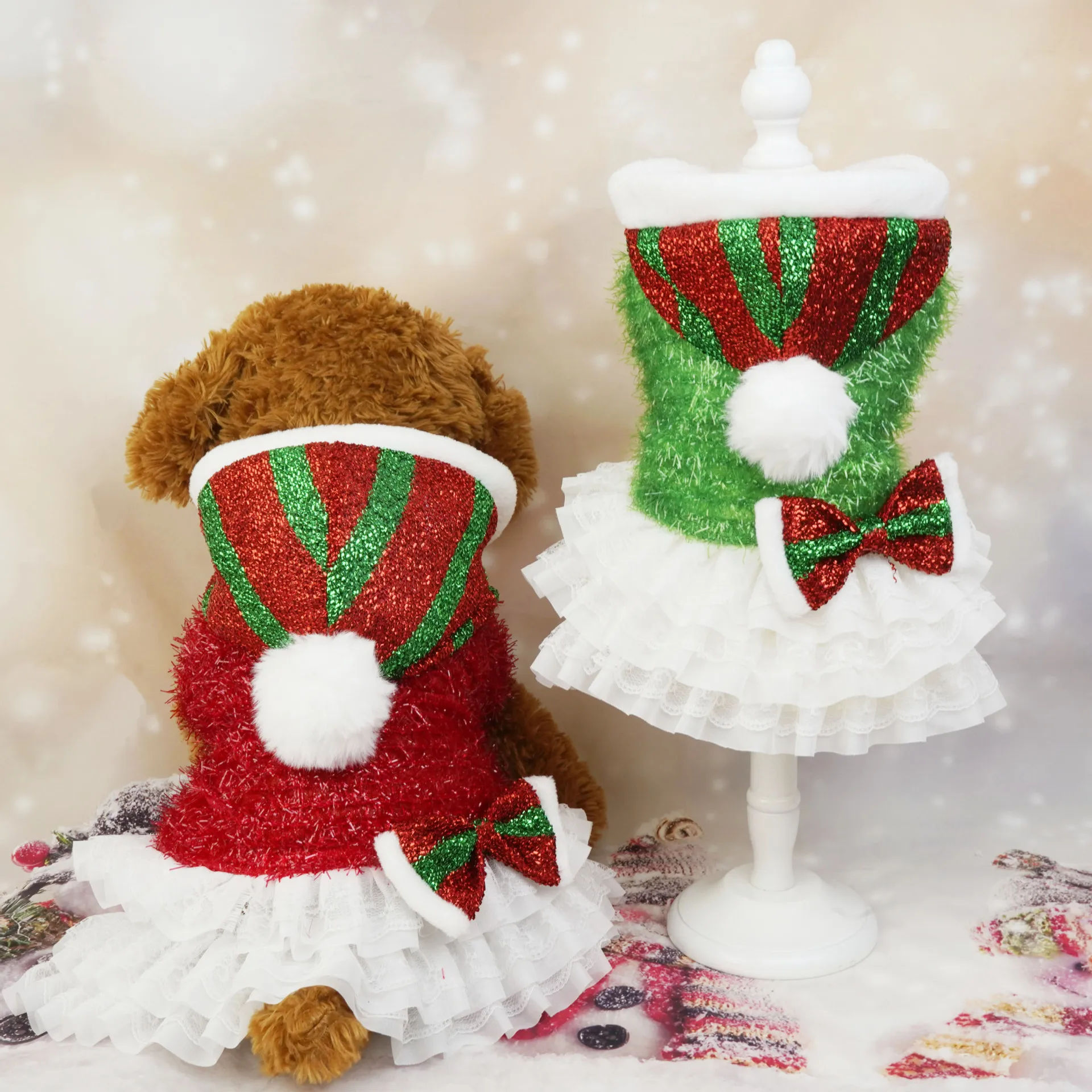 Christmas Pet Sequin Dress Dog Mesh Splicing Outer Tower Christmas Party Festive Atmosphere Hooded Christmas Hat Puppy Clothes