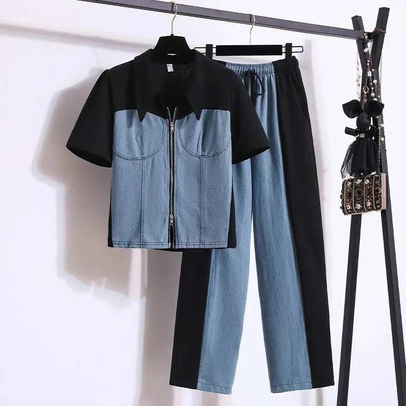 Oversized 4XL Two-piece Patchwork Denim Set For women\'s 2024 Summer New Polo collar Zipper Top+Wide leg pants Female Casual Sets